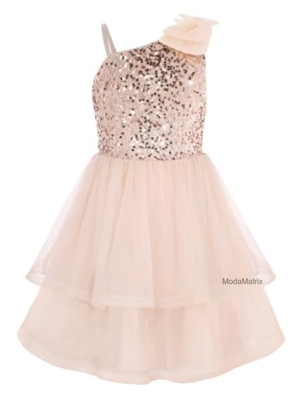 Girls Party Sequin Formal Dress One-Shoulder Tulle Knee-Length